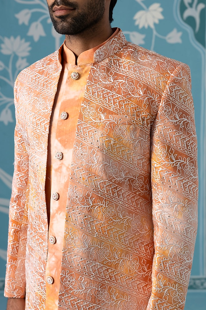 Orange Cotton Silk Embroidered Dyed Front-Open Indowestern Set by The Ethnic Co at Pernia's Pop Up Shop