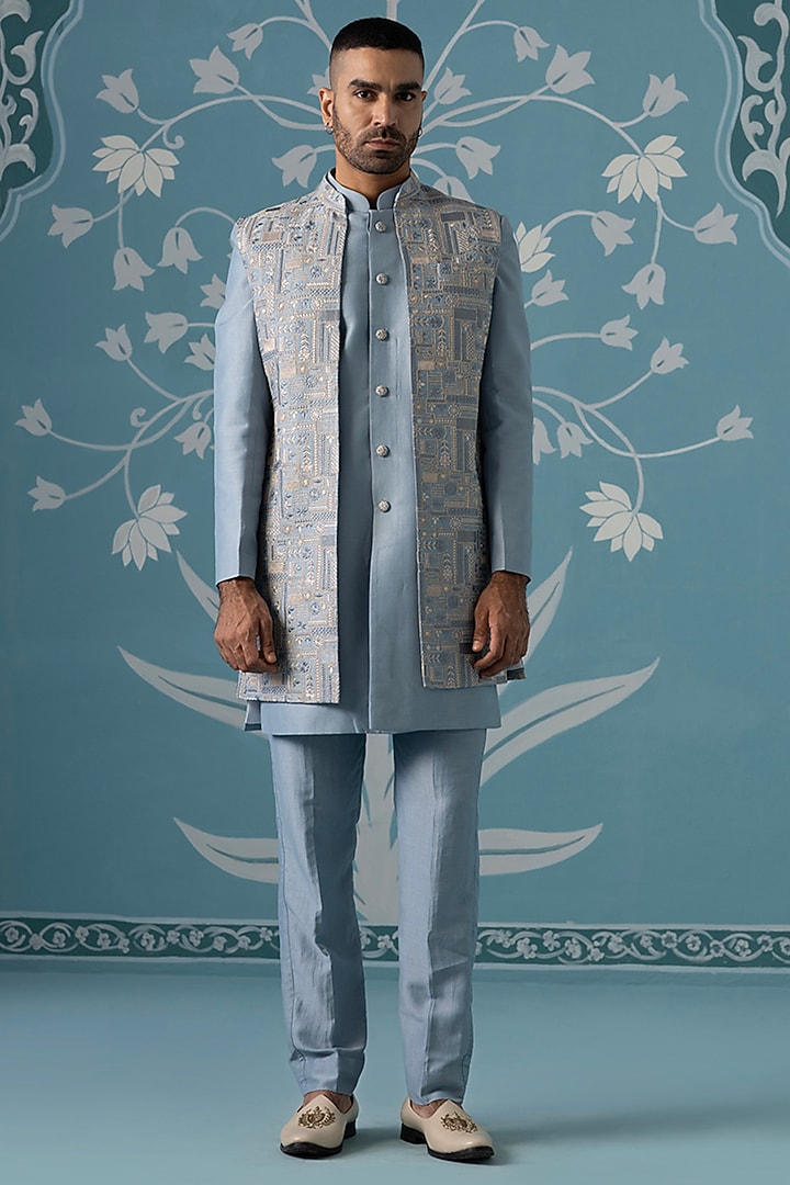 Pastel Blue Cotton Silk Embroidered Indowestern Set by The Ethnic Co at Pernia's Pop Up Shop