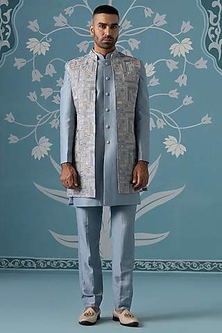 Pastel Blue Cotton Silk Embroidered Indowestern Set by The Ethnic Co