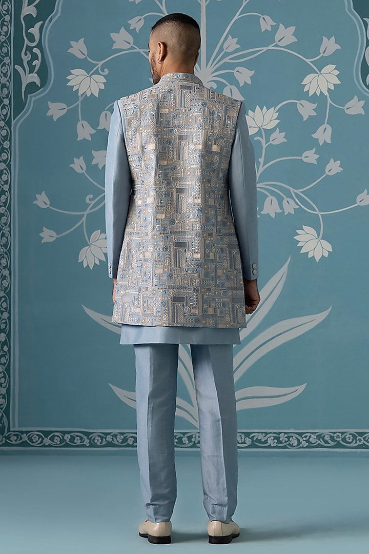 Pastel Blue Cotton Silk Embroidered Indowestern Set by The Ethnic Co at Pernia's Pop Up Shop