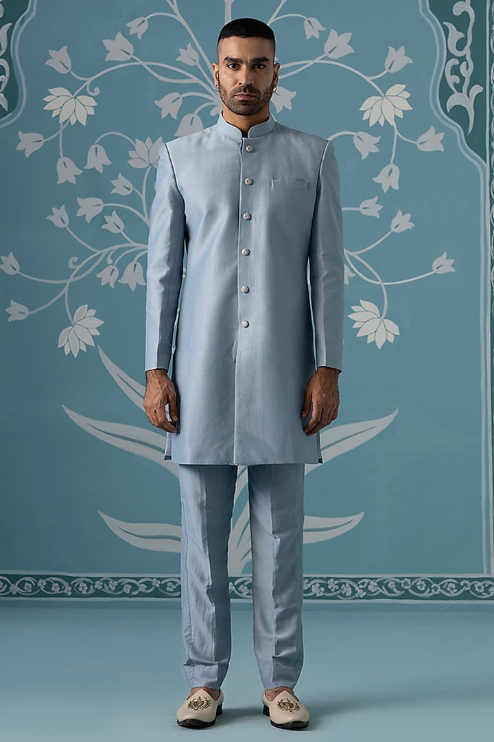 Pastel Blue Cotton Silk Embroidered Indowestern Set by The Ethnic Co at Pernia's Pop Up Shop