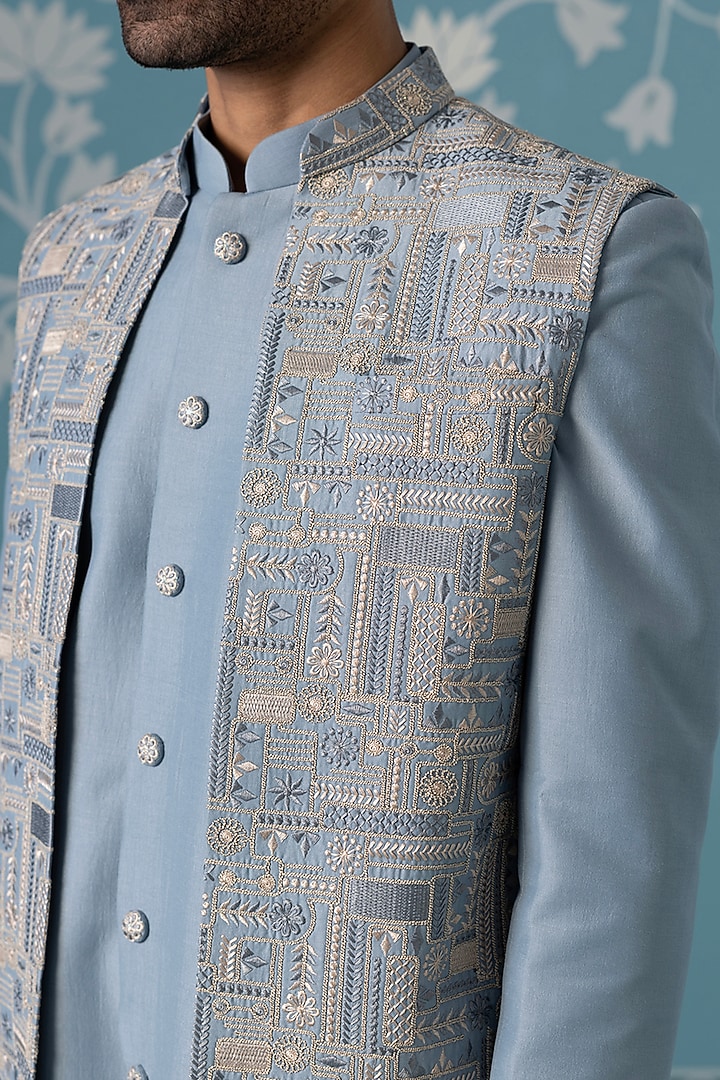 Pastel Blue Cotton Silk Embroidered Indowestern Set by The Ethnic Co at Pernia's Pop Up Shop