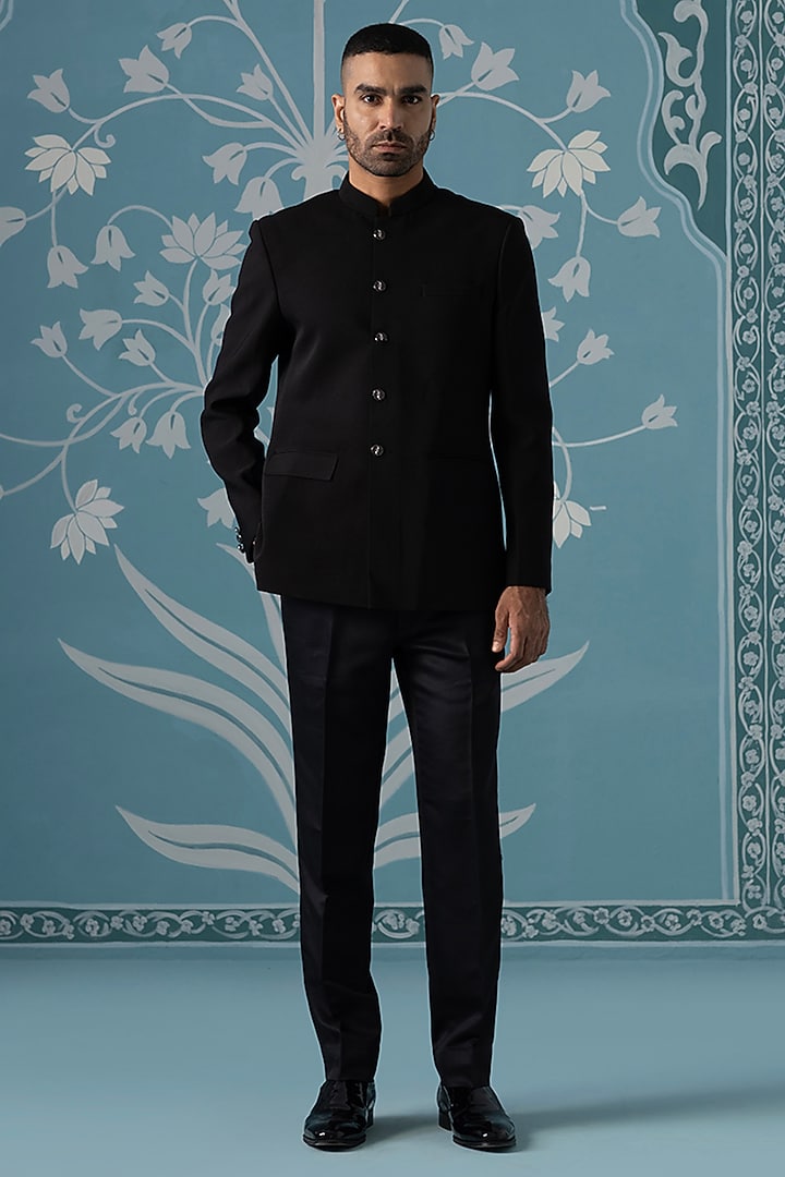 Black Polyester Bandhgala Set by The Ethnic Co at Pernia's Pop Up Shop