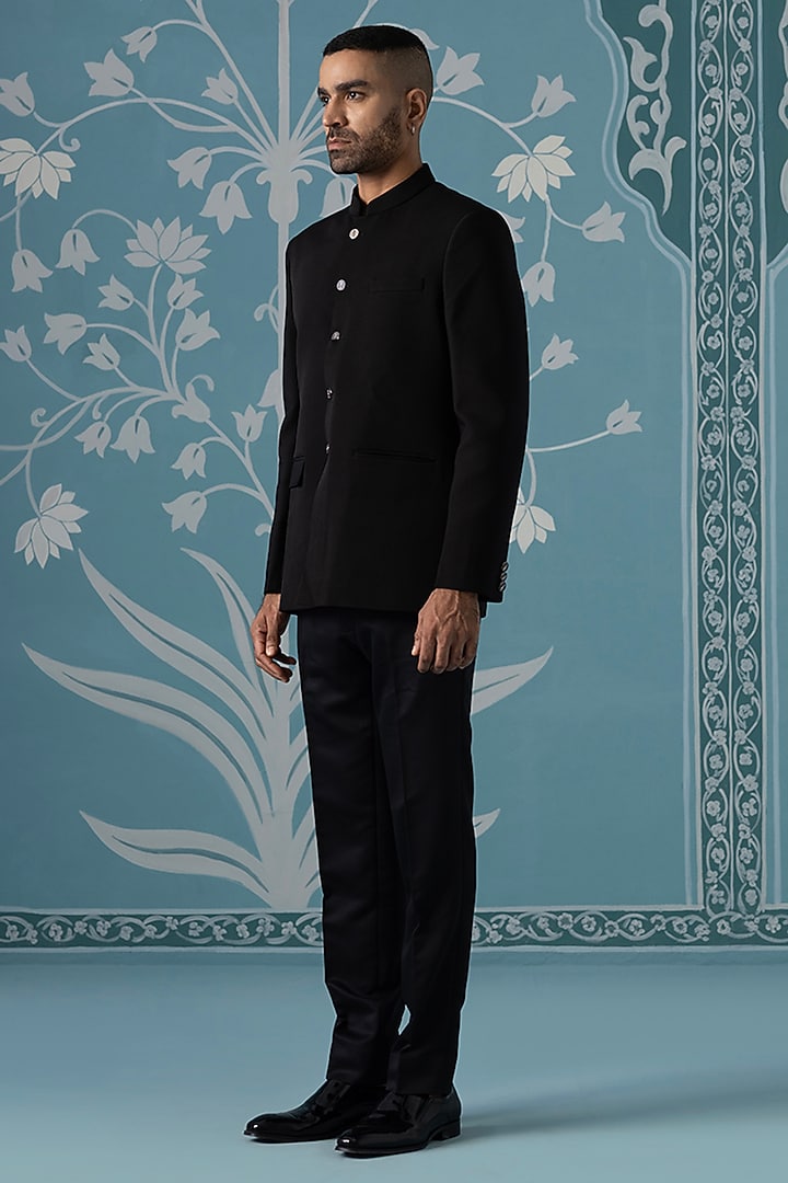 Black Polyester Bandhgala Set by The Ethnic Co at Pernia's Pop Up Shop