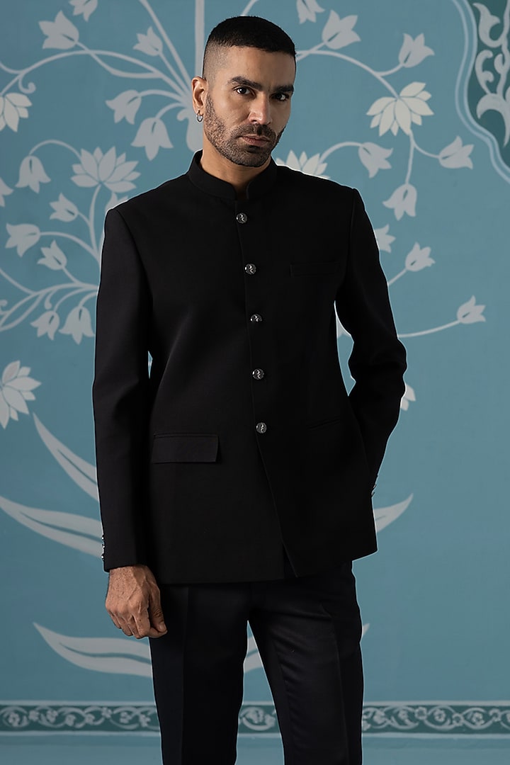 Black Polyester Bandhgala Set by The Ethnic Co at Pernia's Pop Up Shop