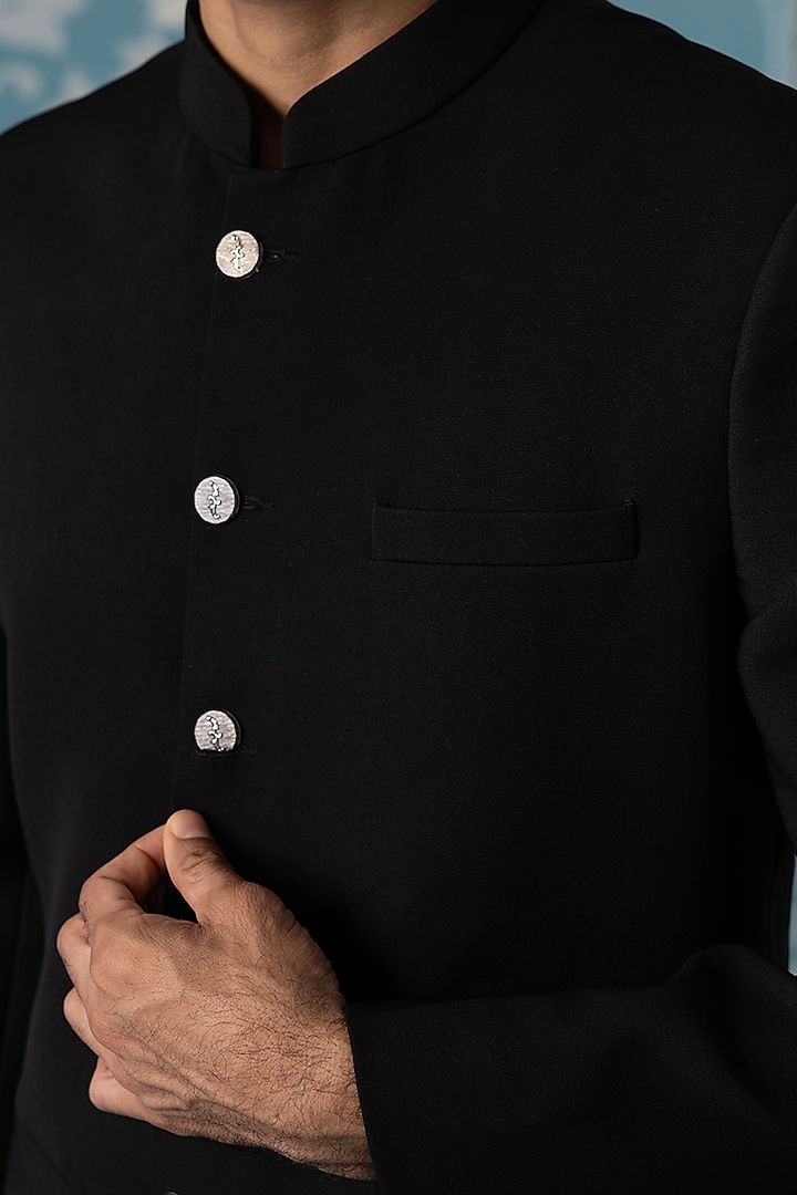 Black Polyester Bandhgala Set by The Ethnic Co at Pernia's Pop Up Shop
