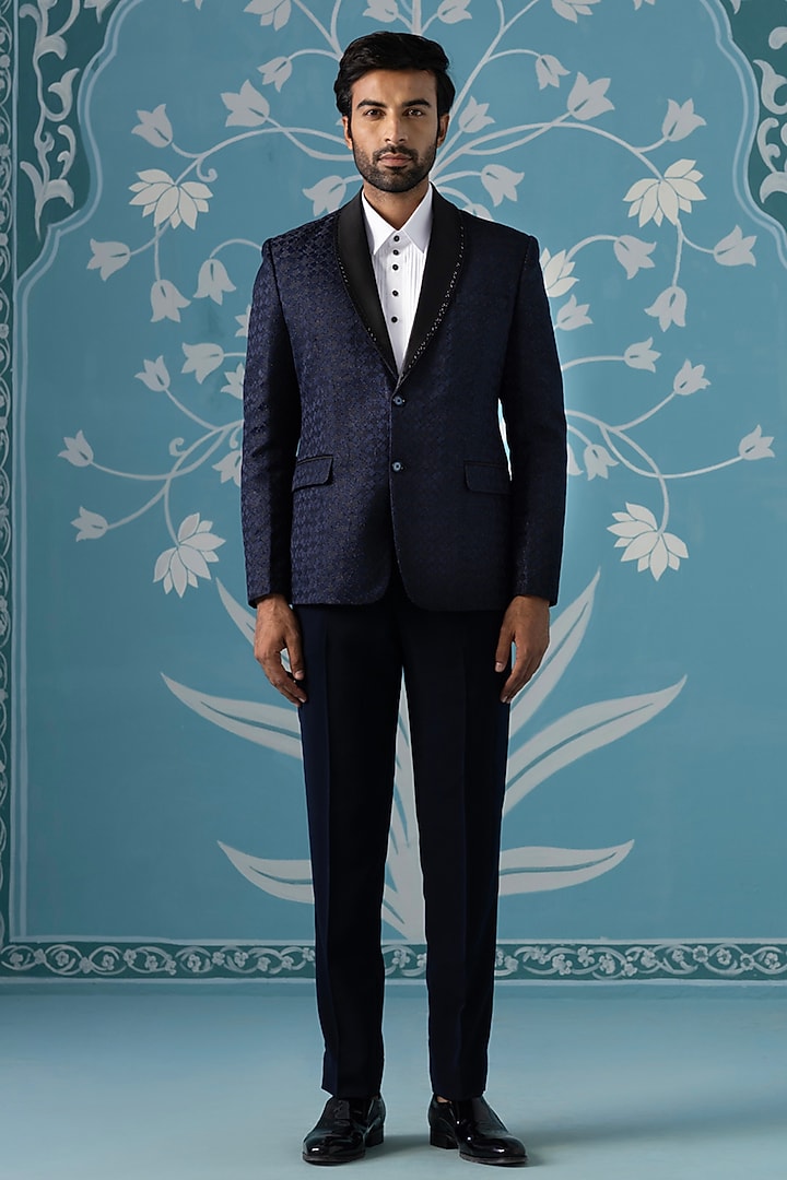 Blue Poly Cotton Textured Blazer Set by The Ethnic Co at Pernia's Pop Up Shop