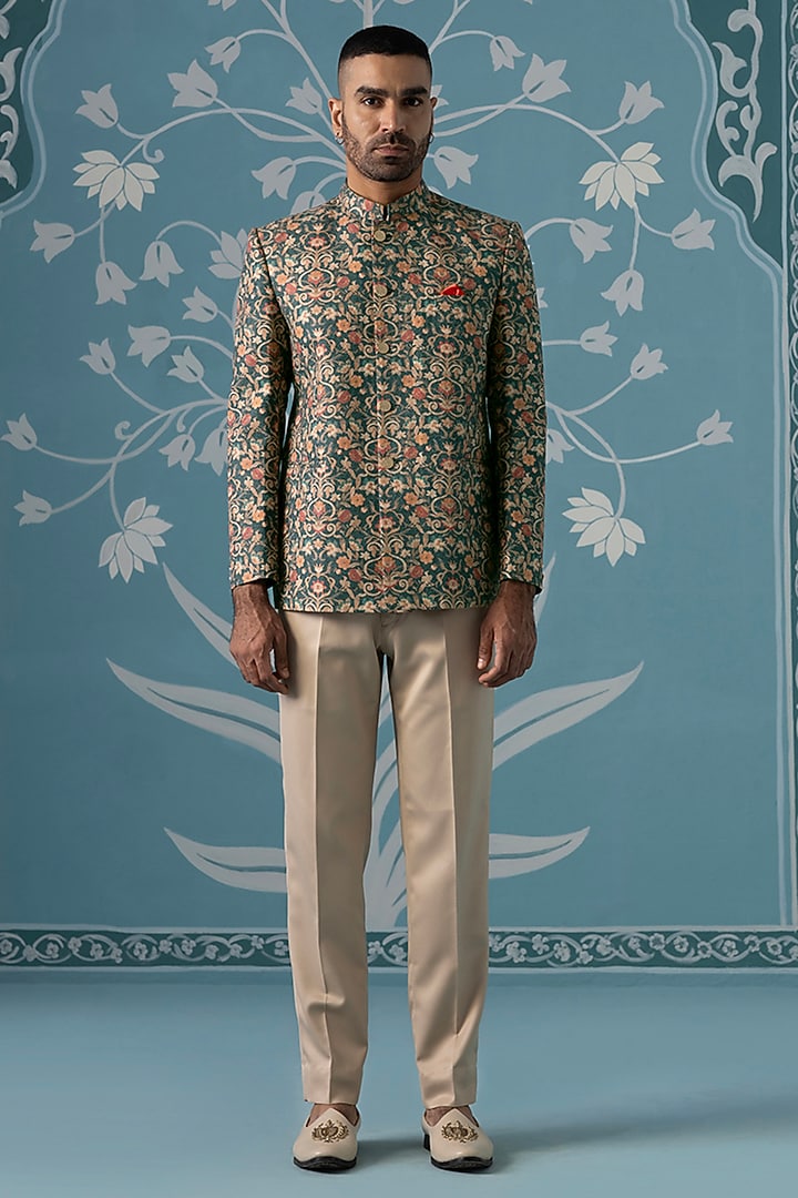 Green Polyester Floral Printed Bandhgala Set by The Ethnic Co at Pernia's Pop Up Shop