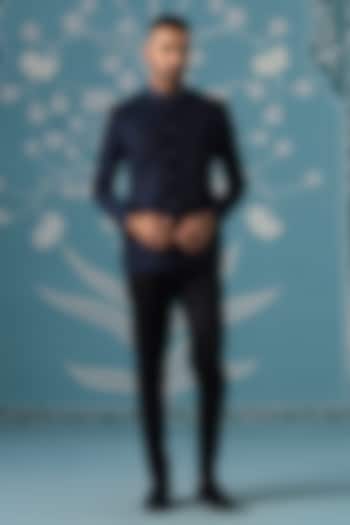 Midnight Blue Textured Polyester Embroidered Bandhgala Set by The Ethnic Co at Pernia's Pop Up Shop