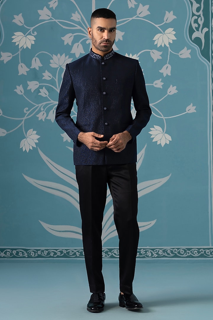 Midnight Blue Textured Polyester Embroidered Bandhgala Set by The Ethnic Co at Pernia's Pop Up Shop