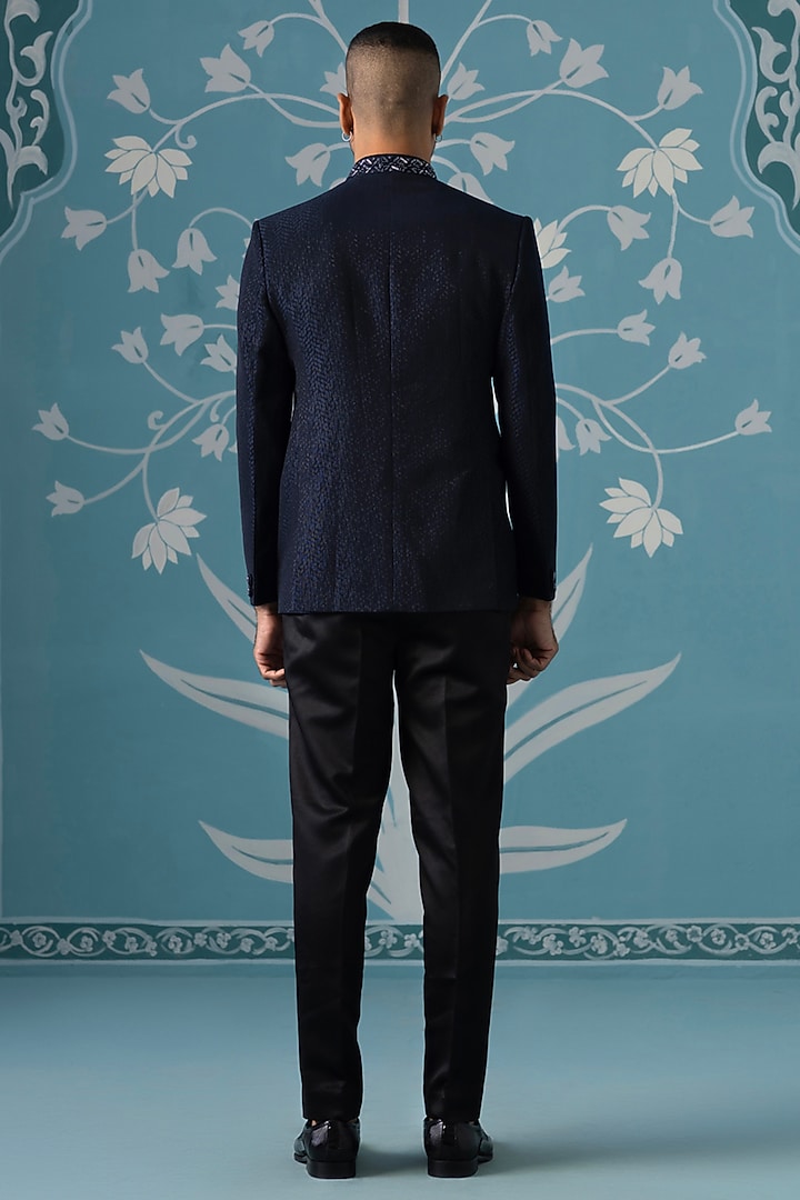 Midnight Blue Textured Polyester Embroidered Bandhgala Set by The Ethnic Co at Pernia's Pop Up Shop