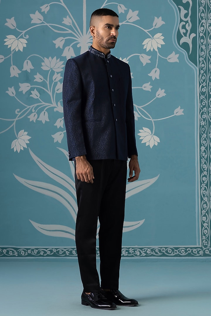 Midnight Blue Textured Polyester Embroidered Bandhgala Set by The Ethnic Co at Pernia's Pop Up Shop