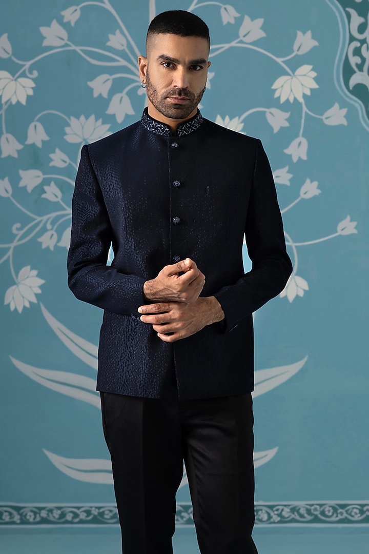 Midnight Blue Textured Polyester Embroidered Bandhgala Set by The Ethnic Co at Pernia's Pop Up Shop