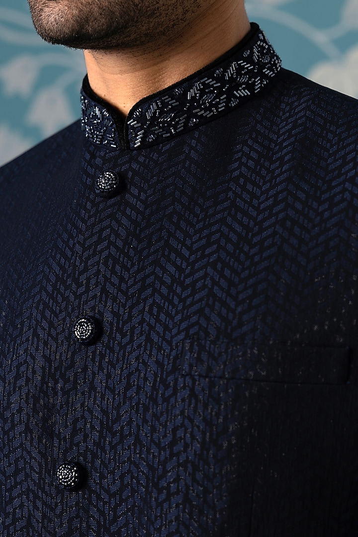 Midnight Blue Textured Polyester Embroidered Bandhgala Set by The Ethnic Co at Pernia's Pop Up Shop