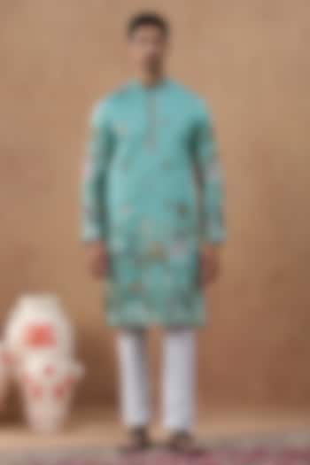 Aqua Green Cotton Silk Embroidered Kurta Set by The Ethnic Co at Pernia's Pop Up Shop