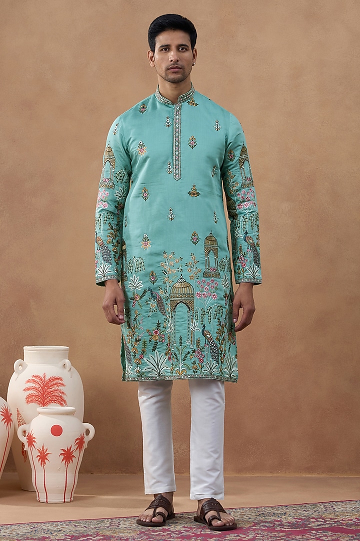 Aqua Green Cotton Silk Embroidered Kurta Set by The Ethnic Co at Pernia's Pop Up Shop