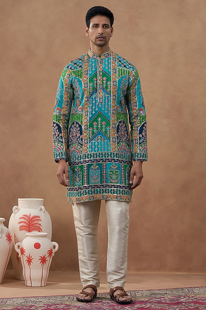 Teal Cotton Silk Printed Kurta Set by The Ethnic Co at Pernia's Pop Up Shop