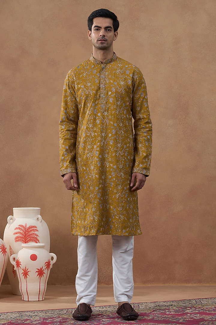 Mustard Cotton Silk Floral Embroidered Kurta Set by The Ethnic Co at Pernia's Pop Up Shop