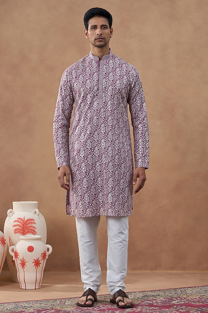 Lavender Cotton Silk Textured Brocade Kurta Set by The Ethnic Co at Pernia's Pop Up Shop