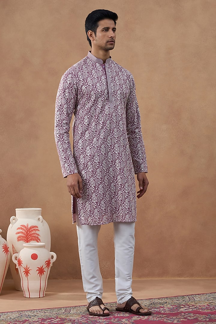 Lavender Cotton Silk Textured Brocade Kurta Set by The Ethnic Co at Pernia's Pop Up Shop