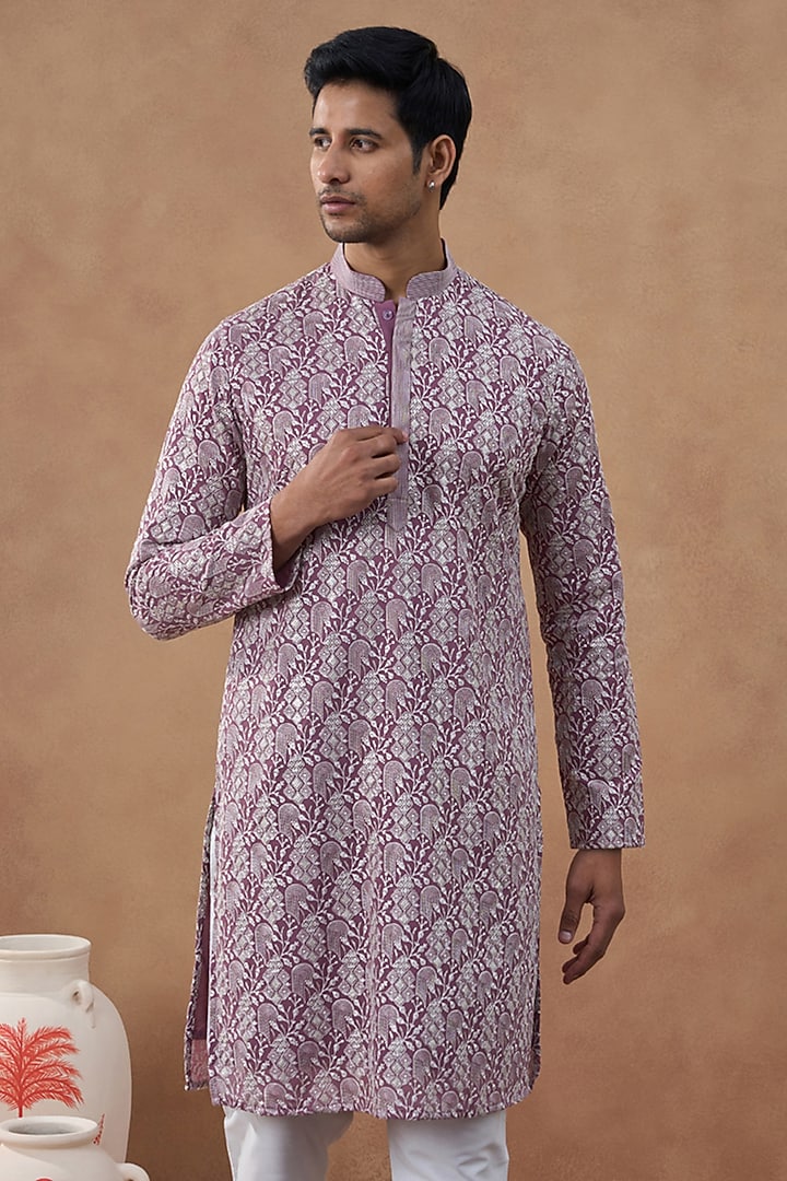 Lavender Cotton Silk Textured Brocade Kurta Set by The Ethnic Co at Pernia's Pop Up Shop