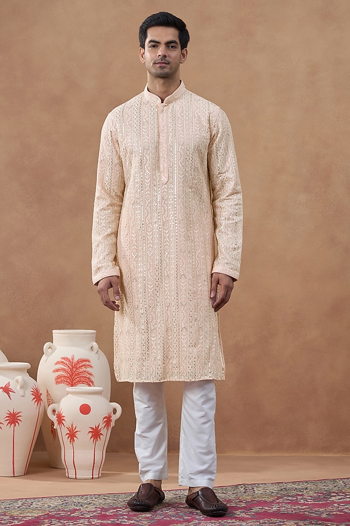 Pastel Peach Cotton Silk Sequins Embroidered Kurta Set by The Ethnic Co at Pernia's Pop Up Shop