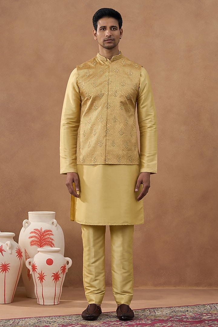 Gold Satin Embroidered & Printed Bundi Jacket Set by The Ethnic Co at Pernia's Pop Up Shop