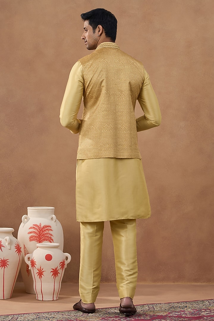 Gold Satin Embroidered & Printed Bundi Jacket Set by The Ethnic Co at Pernia's Pop Up Shop