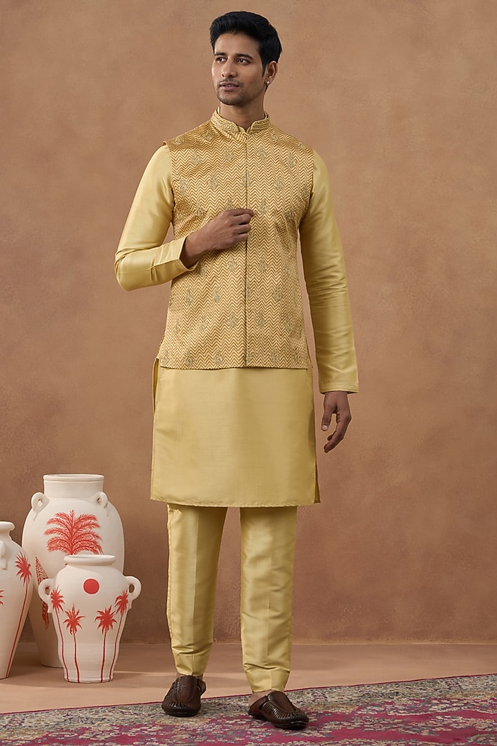 Gold Satin Embroidered & Printed Bundi Jacket Set by The Ethnic Co at Pernia's Pop Up Shop