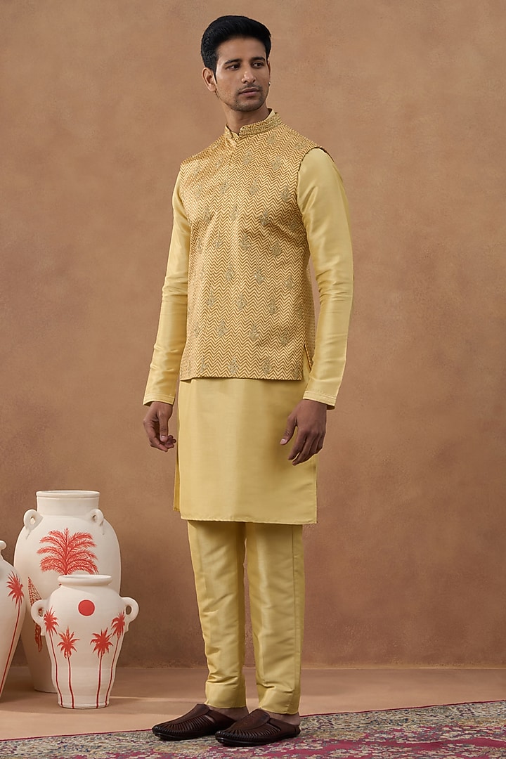 Gold Satin Embroidered & Printed Bundi Jacket Set by The Ethnic Co at Pernia's Pop Up Shop