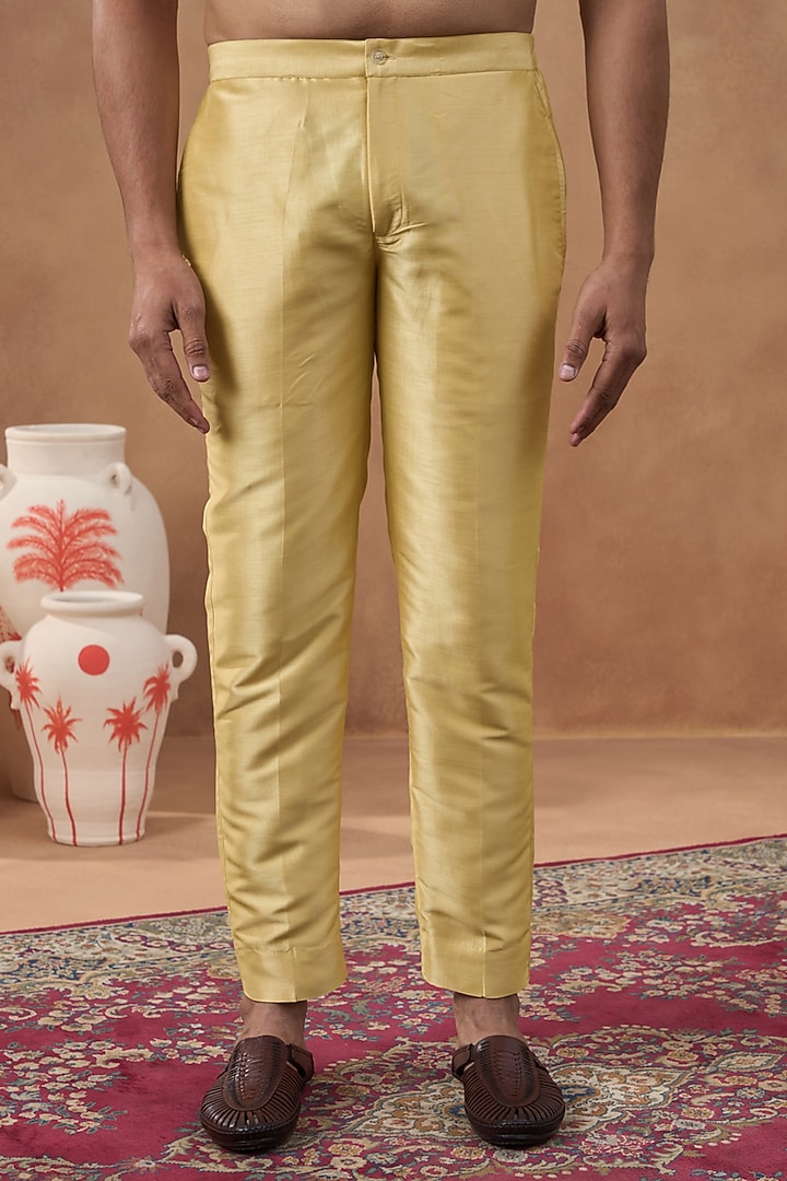Gold Satin Embroidered & Printed Bundi Jacket Set by The Ethnic Co at Pernia's Pop Up Shop