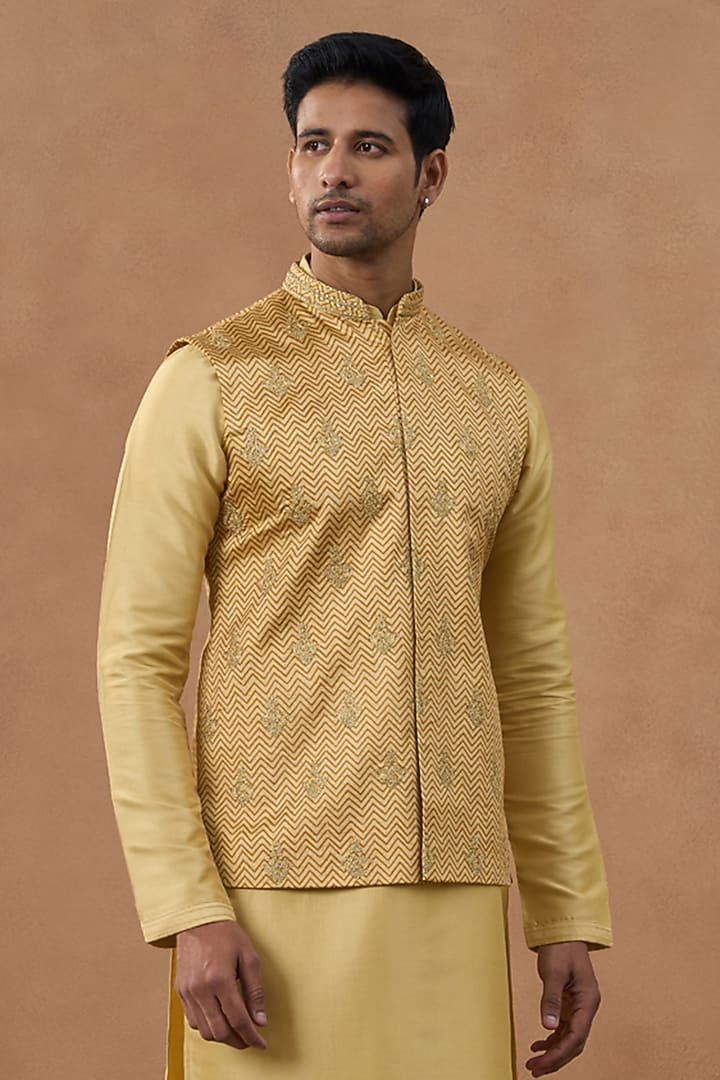 Gold Satin Embroidered & Printed Bundi Jacket Set by The Ethnic Co at Pernia's Pop Up Shop