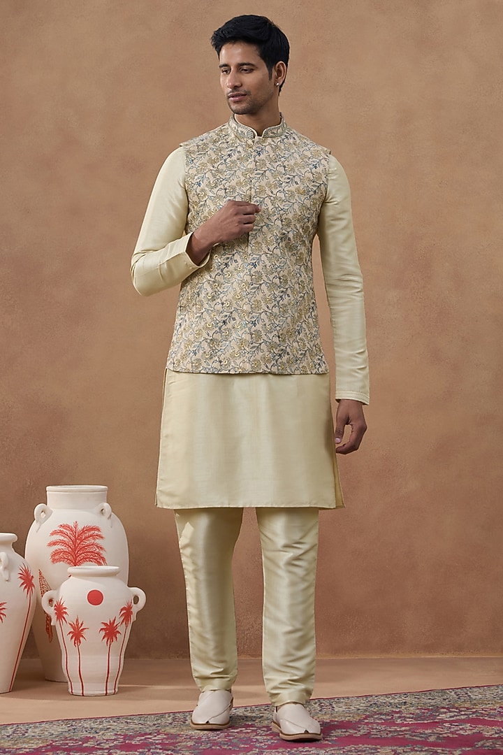Beige Art Silk Embroidered Bundi Jacket Set by The Ethnic Co at Pernia's Pop Up Shop