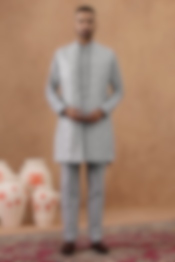 Grey Satin Embroidered Long Bundi Jacket Set by The Ethnic Co at Pernia's Pop Up Shop