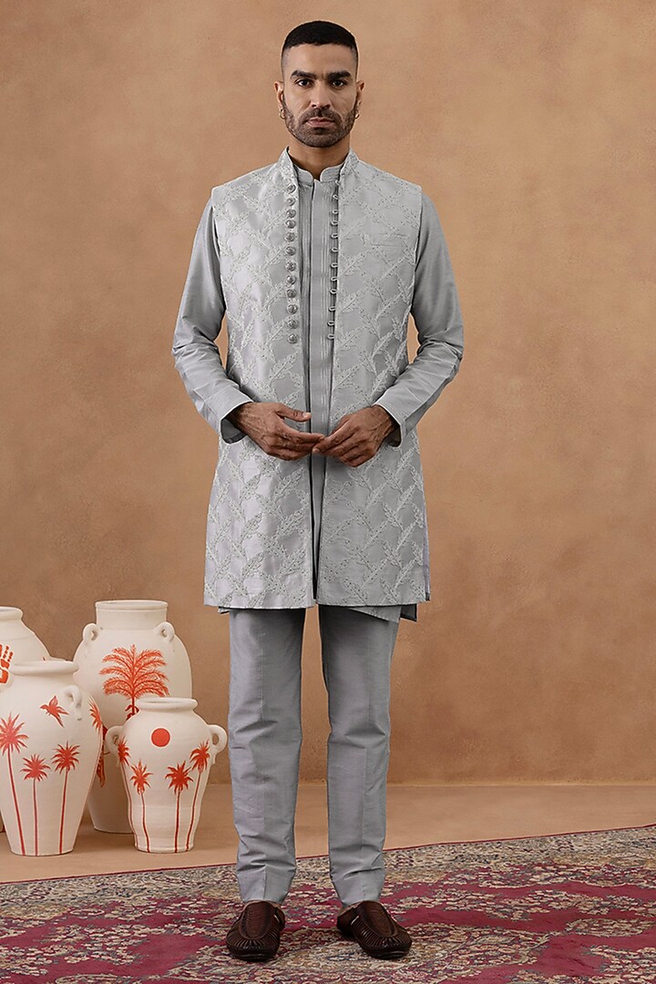Grey Satin Embroidered Long Bundi Jacket Set by The Ethnic Co at Pernia's Pop Up Shop