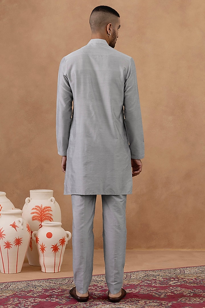 Grey Satin Embroidered Long Bundi Jacket Set by The Ethnic Co at Pernia's Pop Up Shop