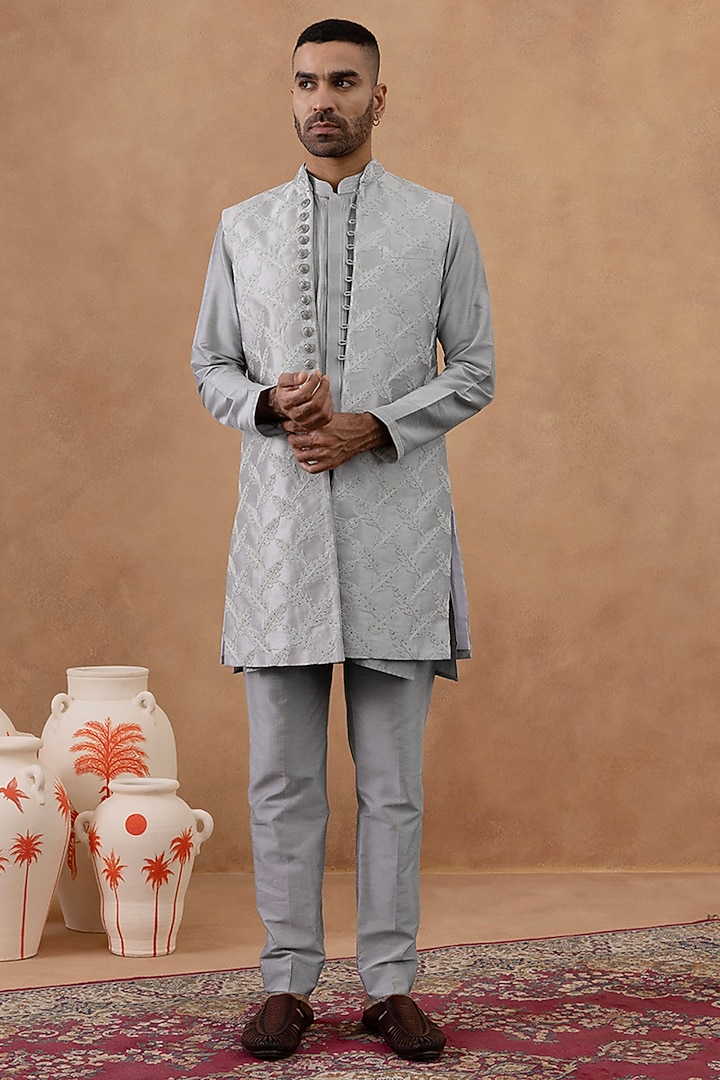 Grey Satin Embroidered Long Bundi Jacket Set by The Ethnic Co at Pernia's Pop Up Shop