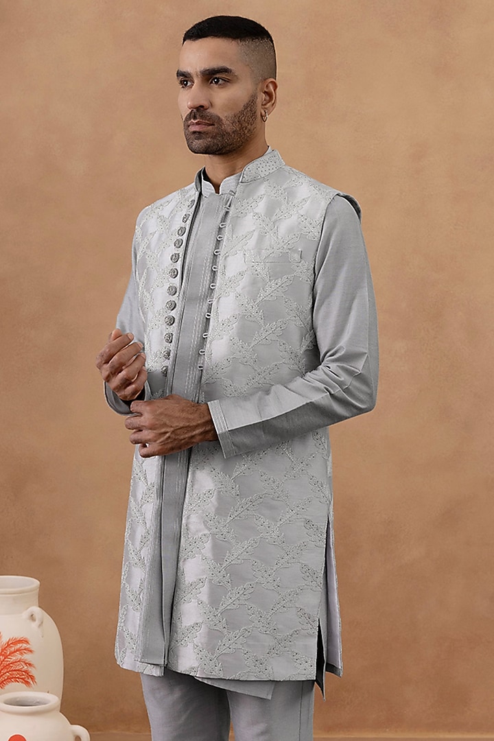 Grey Satin Embroidered Long Bundi Jacket Set by The Ethnic Co at Pernia's Pop Up Shop