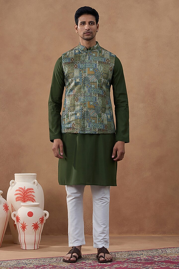 Green Georgette Printed Bundi Jacket Set by The Ethnic Co at Pernia's Pop Up Shop