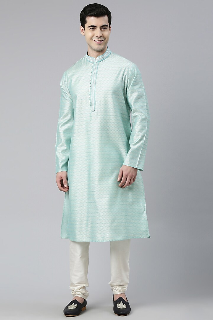 Turquoise Blue Jacquard Embroidered kurta Set Design by The Ethnic Co ...