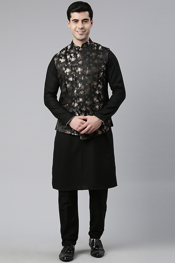 Black Jacquard Art Silk Printed Bundi Jacket With Kurta Set by The Ethnic Co at Pernia's Pop Up Shop