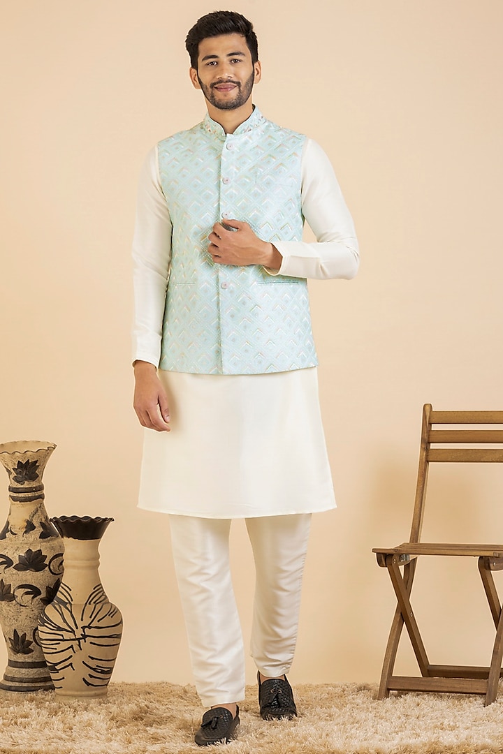 Light Blue Silk & Polyester Chikankari Bundi Jacket Set by The Ethnic Co