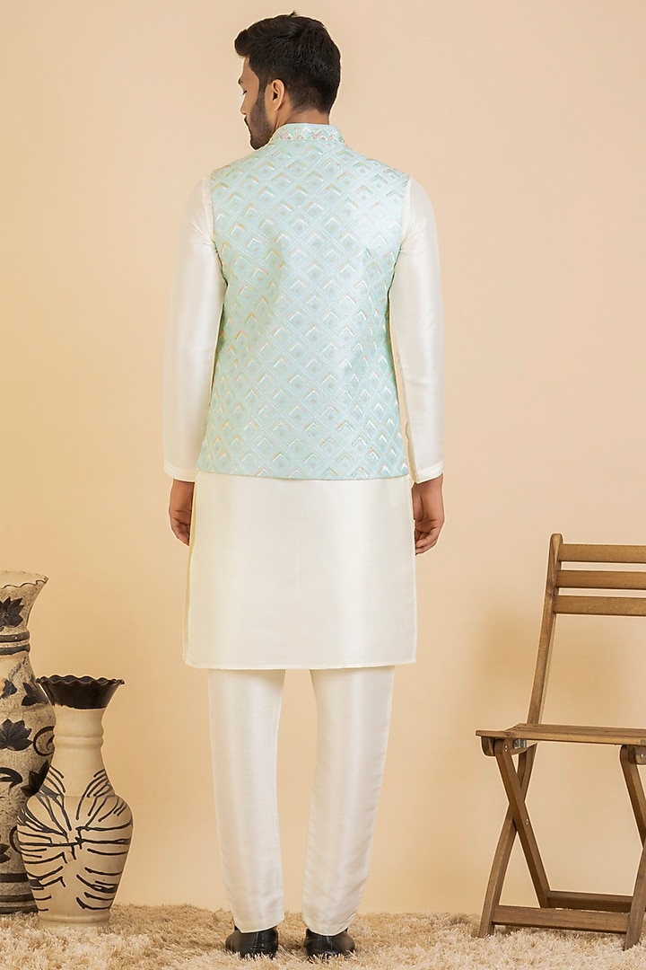 Light Blue Silk & Polyester Chikankari Bundi Jacket Set by The Ethnic Co at Pernia's Pop Up Shop