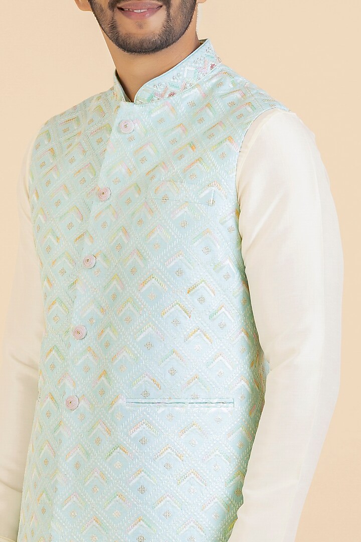 Light Blue Silk & Polyester Chikankari Bundi Jacket Set by The Ethnic Co at Pernia's Pop Up Shop