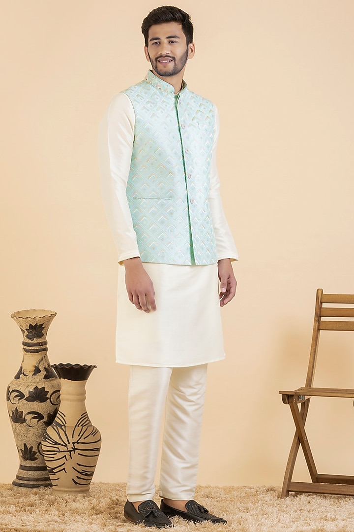 Light Blue Silk & Polyester Chikankari Bundi Jacket Set by The Ethnic Co at Pernia's Pop Up Shop