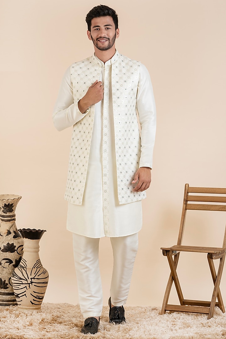 Cream Silk & Polyester Embroidered Indo-Western Set by The Ethnic Co