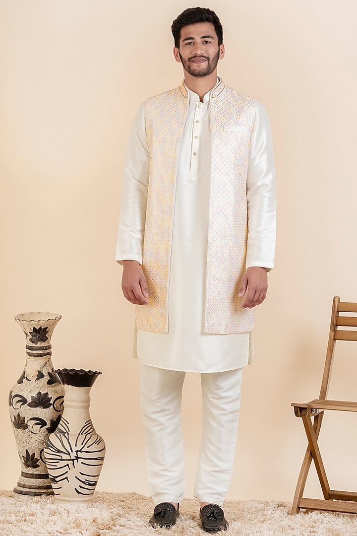 Off-White Silk & Polyester Embroidered Indo-Western Set by The Ethnic Co