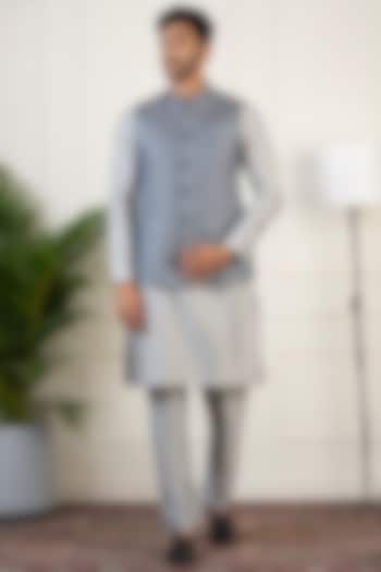 Bluish-Grey Silk & Jacquard Bundi Jacket Set by The Ethnic Co