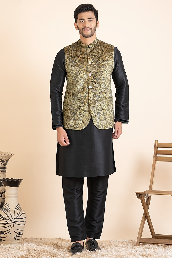 Beige Velvet & Cotton Printed Bundi Jacket Set by The Ethnic Co