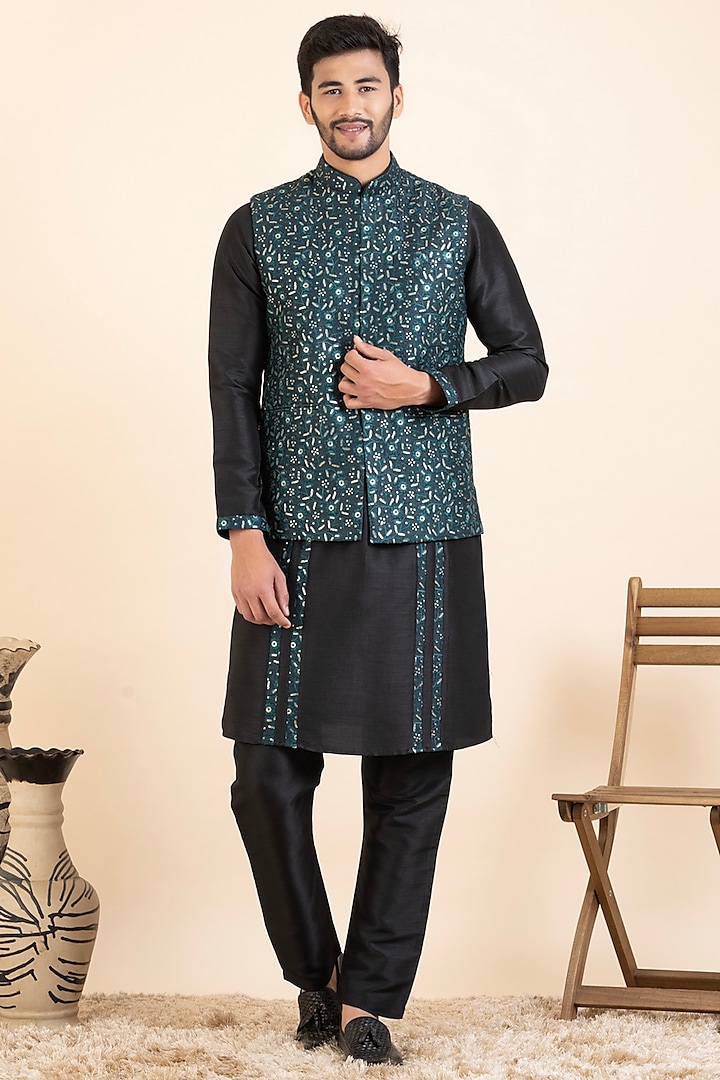 Green Polyester & Silk Embroidered Bundi Jacket Set by The Ethnic Co